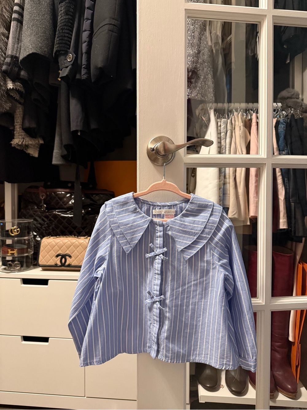 Zara Light Blue and White Striped Girls Blouse with Peter Pan Collar